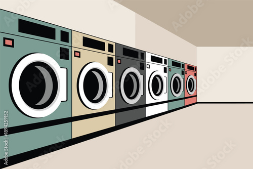 Row of Colorful Washing Machines in a Modern Laundromat, laundry service concept