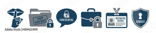Collection of flat design vector icons illustrating concepts of privacy, top secret information, and confidential data security with a shield, padlock, and briefcase