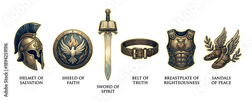 The full armor of God collection featuring six symbolic pieces in a detailed, glowing illustrative style representing biblical faith and spiritual warfare