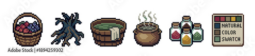 Set of pixel art icons for natural dyeing shows a basket of berries, roots, a wooden bucket, a steaming cauldron, pigment bottles, and a color swatch palette