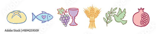 Collection of Christian religious symbols including bread, fish, wine, wheat, a dove, and pomegranate in a cute, hand-drawn doodle style with a pastel color palette