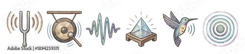 Collection of hand-drawn sound healing icons including a tuning fork, gong, soundwave, crystal pyramid, hummingbird, and ripples in a soft, pastel watercolor illustration style