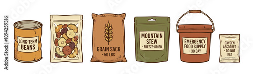 Collection of long-term emergency food supplies including canned goods, dried fruit, a grain sack, freeze-dried stew, and a large bucket, shown in a simple hand-drawn style
