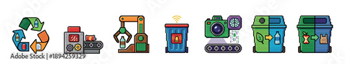 Set of pixel art recycling icons illustrating modern waste management technology, including a smart bin, robotic arm, AI sorting camera, and processing machinery for sustainability