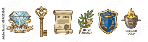Set of six illustrated symbolic icons representing core values: a diamond for reputation, a key for trust, a scroll for integrity, an olive branch, a shield for excellence, and a crucible of gold