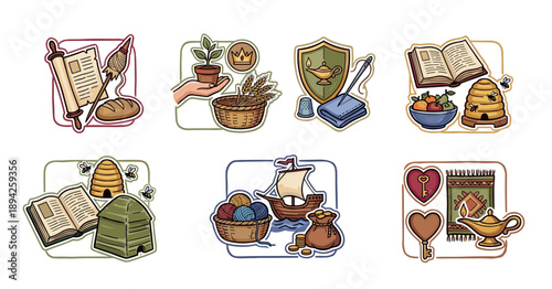 Set of six illustrated cartoon icons depicting symbolic objects for concepts like faith, trade, craft, and knowledge in a charming, hand-drawn sticker style