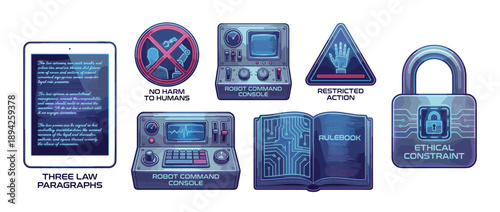 Collection of futuristic icons and illustrations representing the laws of robotics, AI ethics, and control systems with a tablet, console, and warning signs