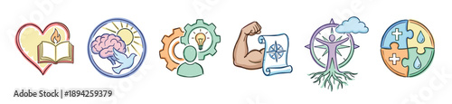 Collection of hand-drawn icons representing personal growth, well-being, and core values in a colorful sketch illustration style with symbols for mind, strength, and direction