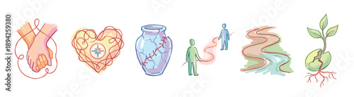 Set of six symbolic watercolor illustrations depicting a personal journey of healing, connection, growth, and guidance with a unifying red thread