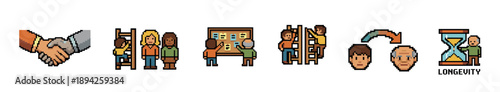 Set of pixel art icons for business and life concepts, illustrating teamwork, career growth, project management, the human aging process, and longevity in a retro 8-bit style