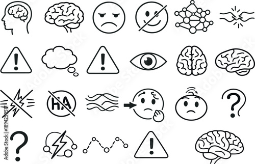 Line style icons of neurological humorlessness: human head, brain outline, frowning face, crossed-out smiley, neural network,