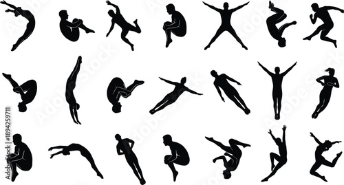 Acrobatic jump and movement silhouette collection showing male athlete aerial poses, strength, flexibility and dynamic sports motion, fitness training and performance
