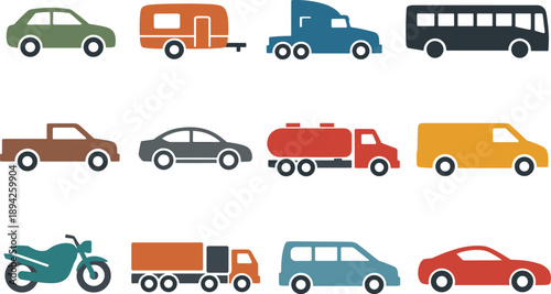 Flat vector icons of highway vehicles: compact car, trailer node, semi-truck rig, bus silhouette, pickup contour