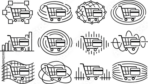 Online Shopping Icons. Line style vector icons of online shopping cart payment methods: flow tile, wave ring, feedback mesh,