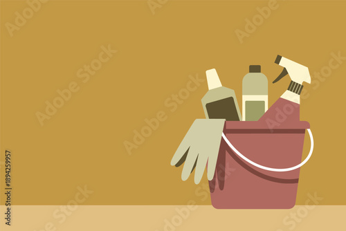 Bucket of Cleaning Supplies for Household Chores and Home Hygiene, home cleanliness concept with copy space