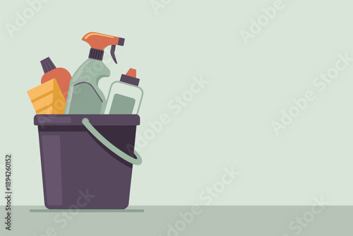 Household Cleaning Essentials in a Bucket, sanitation concept with copy space