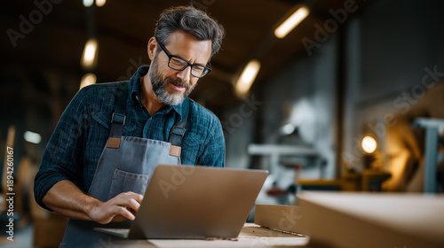 Carpenter using laptop computer in workshop environment woodworker integrating technology into craftwork professional reviewing plans or designs digitally modern carpentry with