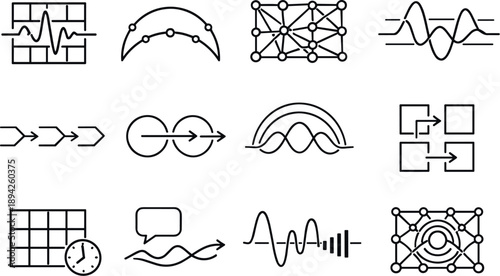 Line style vector icons of user experience research design: pulse tile, phase arc, variation mesh, amplitude