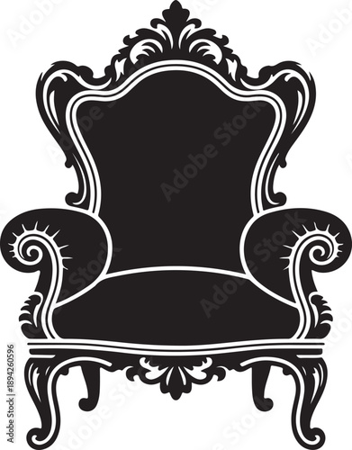 Foto Black silhouette of ornate baroque armchair on white background