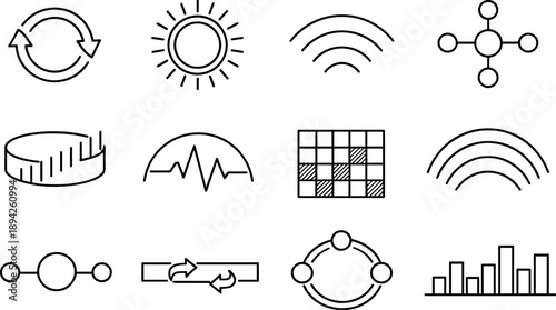 Line style vector icons of business management planning tools: sync band, frequency ring, propagation arc,