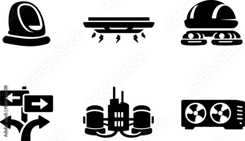 Solid vector icons of frictionless mobility pods: single-seat transport pod, magnetic platform, anti-friction