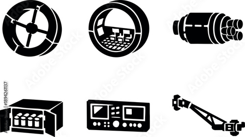 Solid vector icons of rotating spacecraft modules: circular spin segment, interior gravity ring, spin motor