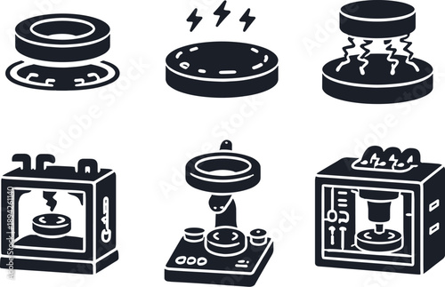 . Solid vector icons of superconductive magnetic hovering: suspended superconductor ring, magnet foundation,
