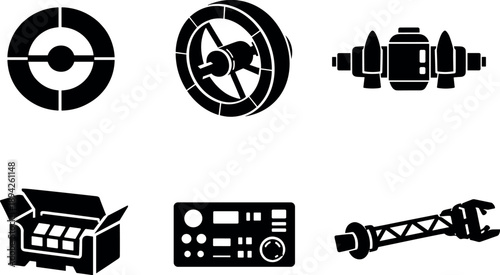 Solid vector icons of rotating spacecraft modules: circular spin segment, interior gravity ring, spin motor