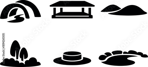 Solid vector icons of psychologically calming park structures: organic walkway arcs, low-height pavilions,