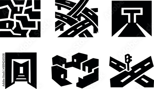  Solid vector icons of anxiety-inducing urban mazes: twisted street layout, overlapping paths, abrupt dead ends;