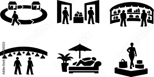 Solid vector icons of behavioral-route commercial spaces: guided shopper loop, staged viewing pockets, product