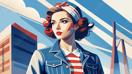 Very beautiful close-up of a modern American women’s casual outfit with vintage denim influence, emphasizing texture, stitching details, and contemporary styling isolated on white background.