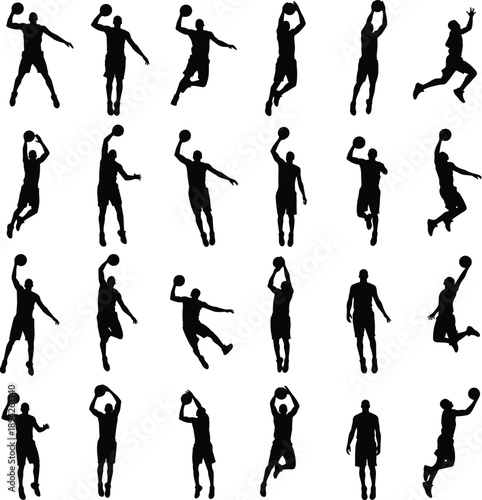 Basketball player silhouette pose collection showing male athlete shooting, jumping and ball handling actions, dynamic sports movement, training practice and professional game performance concepts