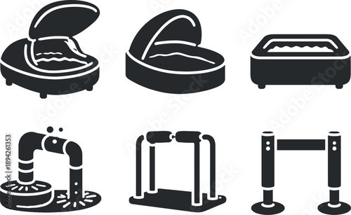 Solid vector icons of deprivation float environments: sealed float tank, zero-light canopy, muted interior basin