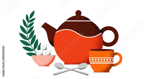 A vibrant teapot and tea cup surrounded by tea leaves and sugar on a clean white surface from a direct viewpoint