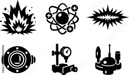  Solid vector icons of high-temperature ionization states: thermal plasma burst, charged atom cluster, luminous