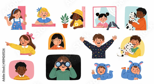Vibrant illustrations of diverse children engaging in various activities and playing with pets in a lively setting