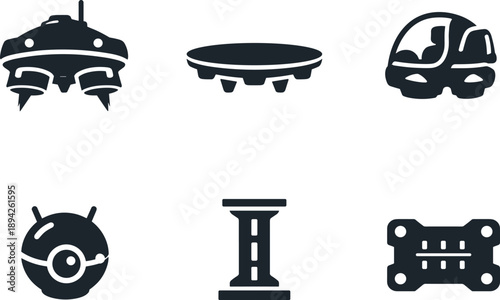  Solid vector icons of personal hover-lift vehicles: downward-thrust duct, levitation platform, enclosed pilot