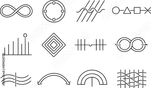 Line style vector icons of improvised access: loop node, rhythm ring, modulation stripe, pattern line, timing
