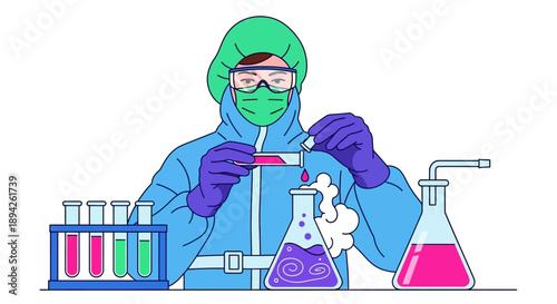 Scientist in lab coat conducting experiment with test tubes and beakers