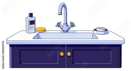 Illustration of a modern kitchen sink with faucet and soap dispenser viewed from the front