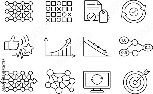  Line style vector icons of artificial intelligence learning tools: machine learning model, training dataset,