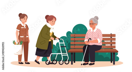 Caregiver assisting elderly woman with walker near seated senior in a serene park setting