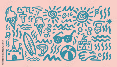 Summer beach doodle set with sun surfboard sandcastle and ice cream icons