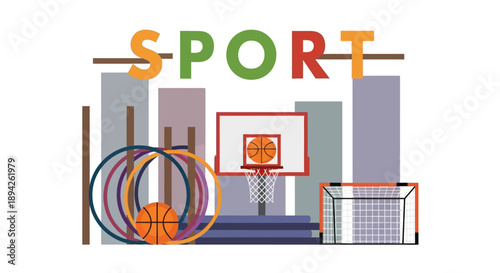 Sports equipment arranged around a basketball hoop in a cityscape environment viewed from the front