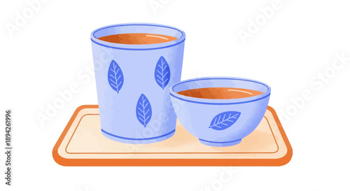Ceramic tea set with blue leaf pattern on an orange tray, depicted from a front view