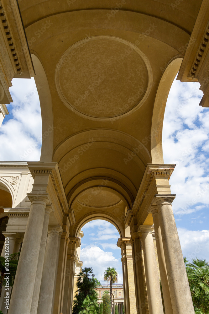 Fototapeta premium Italianate Arches of the Orangery Palace in Sanssouci Park Potsdam Germany Architectural View of Renaissance Revival Vaulted Ceiling and Columns