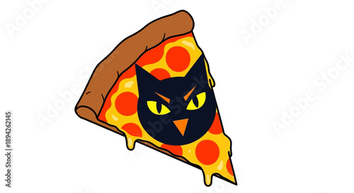 A cartoon cat face on a slice of pizza with melted cheese and tomato sauce viewed from directly above