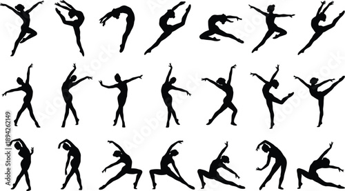 Contemporary dance silhouette pose collection showing expressive female dancers in dynamic movement, flexibility, balance and artistic performance concept isolated on white background