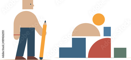 Abstract Geometric Essence. Calm abstract geometric figure stands beside final cohesive arrangement of minimal constrained shapes